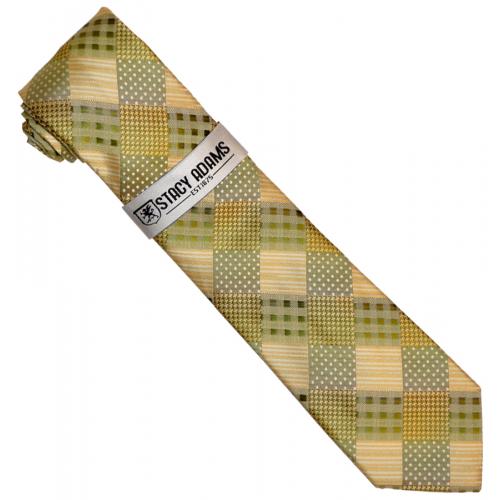 Stacy Adams Multi Green / Beige Multi Pattern Checkered Silk Necktie / Hanky Set SA216